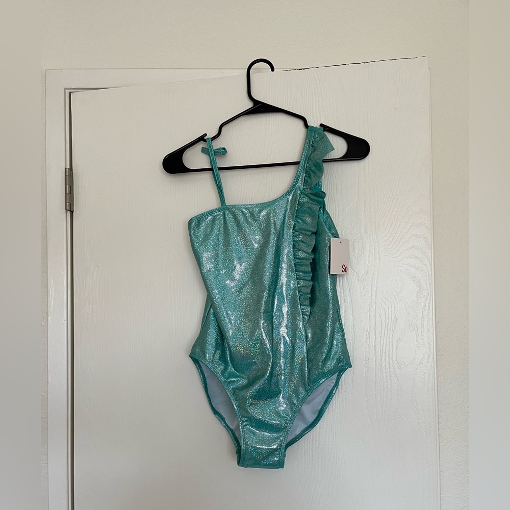 Sparkly Mermaid Skin Swimsuit with Asymmetrical Sleeves and Ruffle